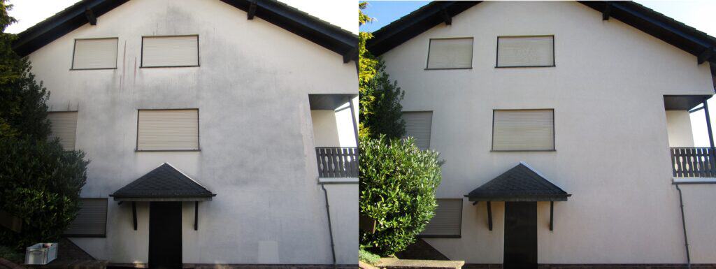 Hauseingang: Fassadenreinigung – links vorher, rechts nachher