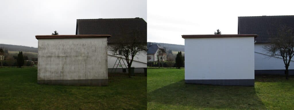 Nebengebäude: Fassadenreinigung – links vorher, rechts nachher