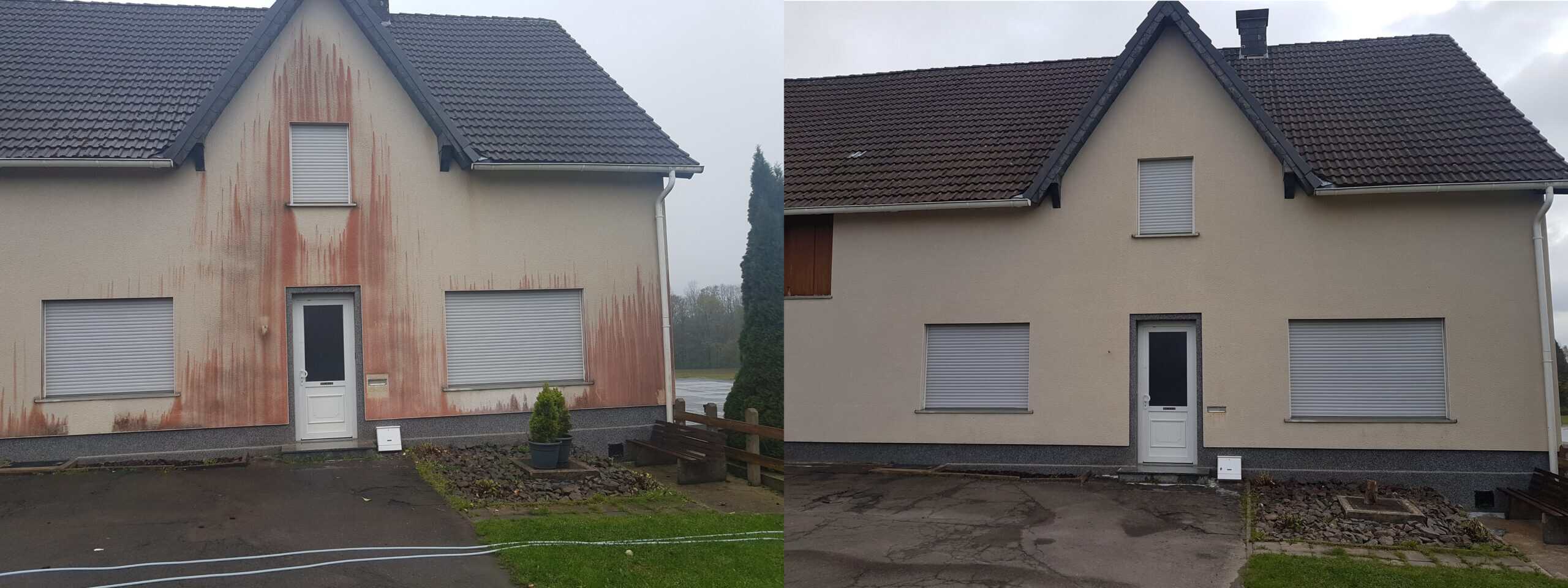 Wohnhaus mit Rotalgen vor der Reinigung und dieselbe Fassade danach