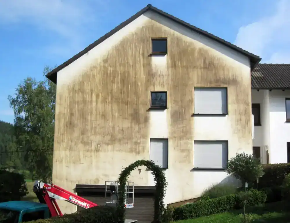 Vergilbte Fassade eines Mehrfamilienhauses vor der Reinigung