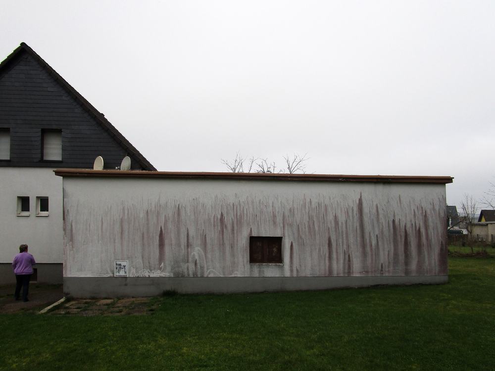 Hallenfassade mit dunklen Ablaufspuren vor der Reinigung