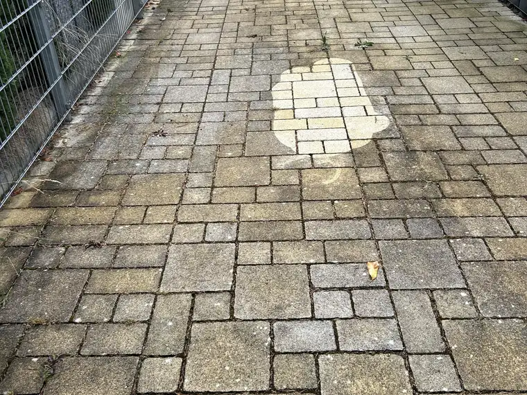 Schmaler Pflasterweg am Haus mit gereinigter Musterfläche